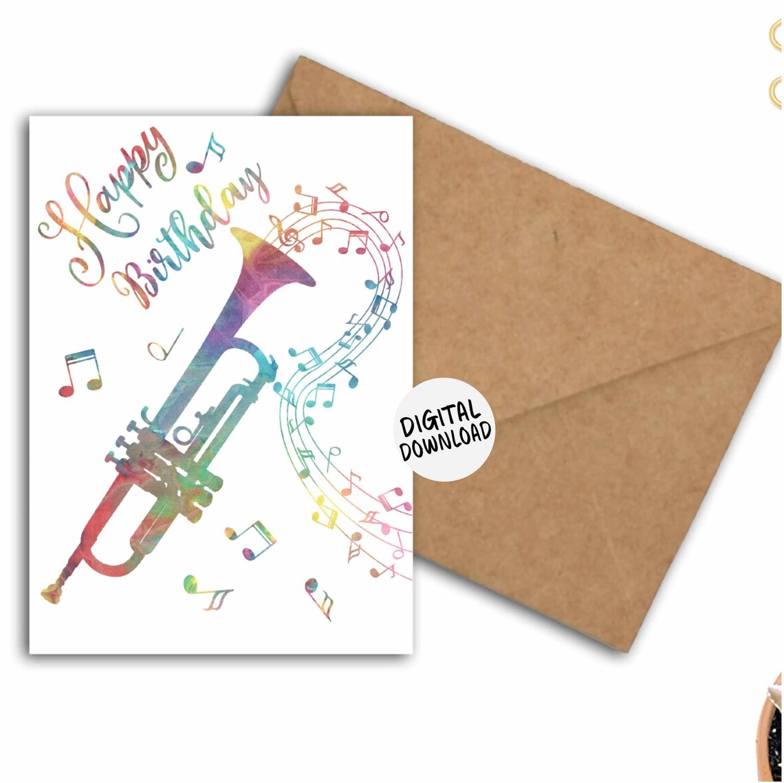 Trumpet Happy Birthday Card, Music Notes Print