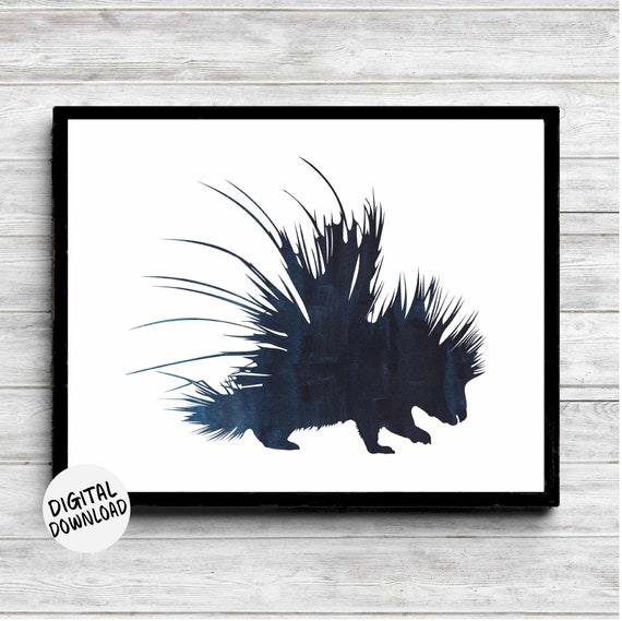Porcupine Silhouette Wall Art Wild Animal Nursery Kids Room Decor Watercolor Quills Poster