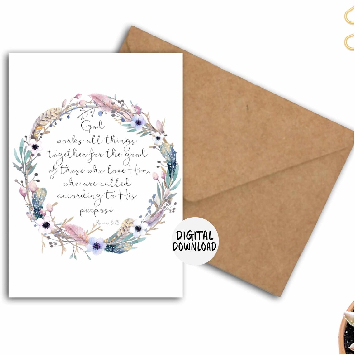 Romans 8:28 Scripture Card, Rustic Wreath Art Print