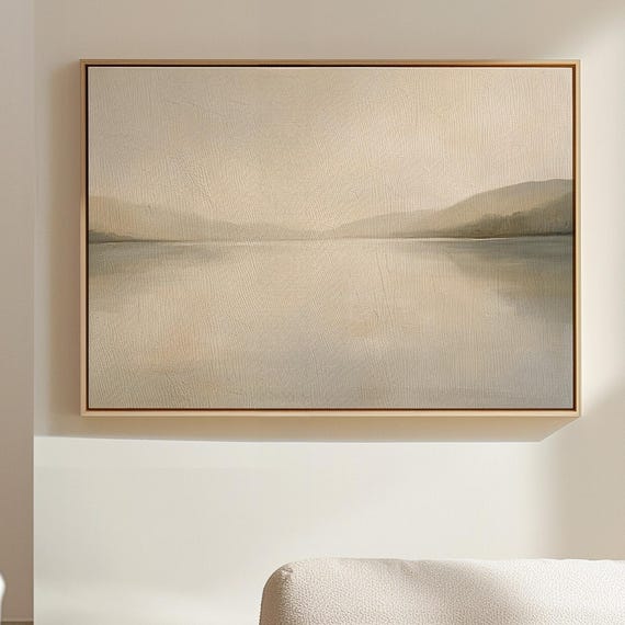 Minimalist Lake Landscape Soft Neutral Tones With Calm Water And Hills Serene Modern Nature Wall Art For Peaceful Decor