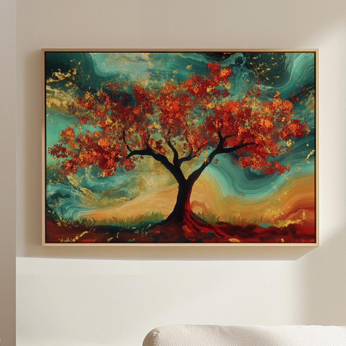 A Fiery Red Autumn Tree Under A Swirling Teal Sky Art Poster