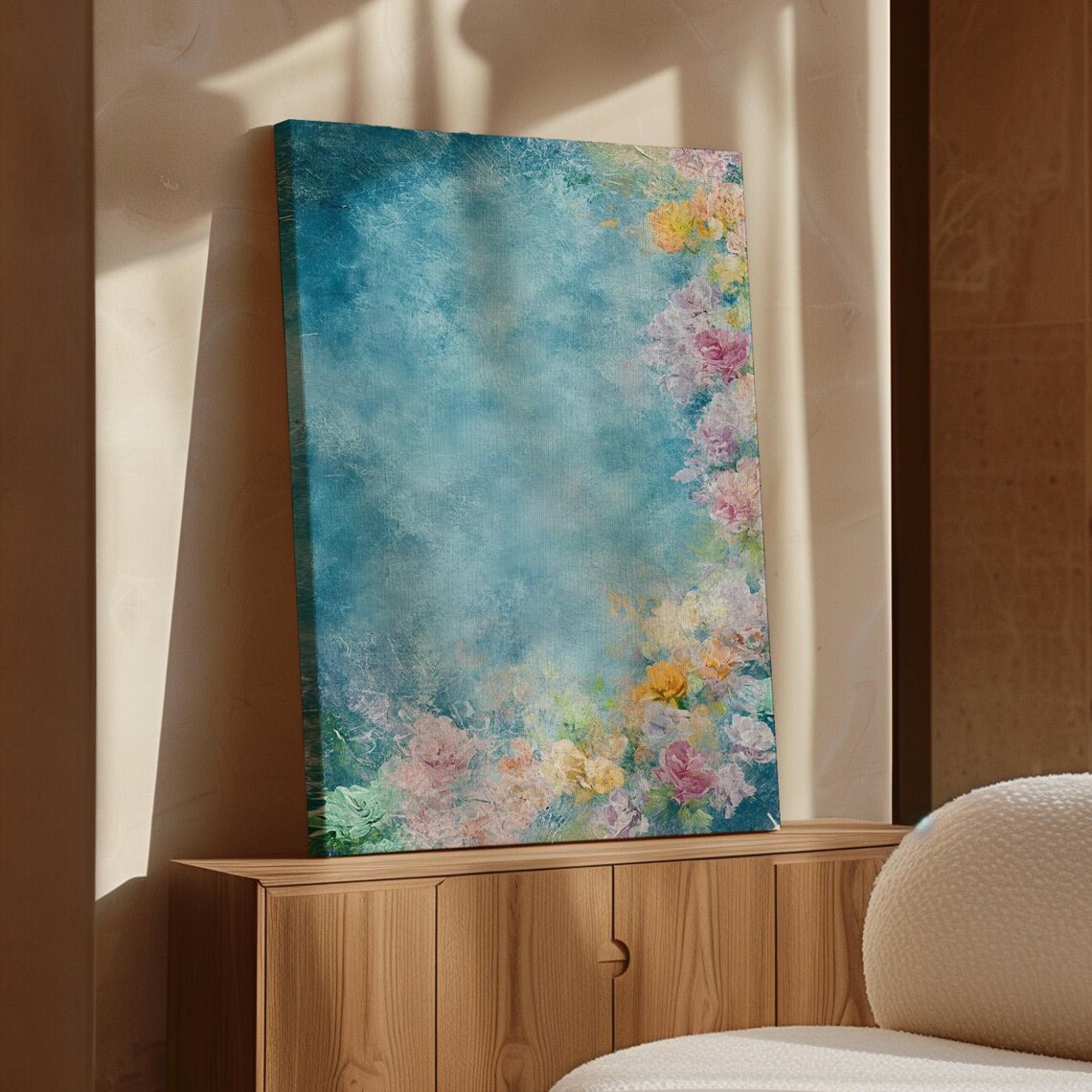 Pastel Blossoms On Teal Textured Abstract Floral Modern Art Poster
