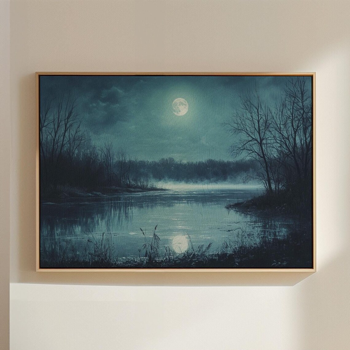 Moonlit Misty Lake with Full Moon and Forest Reflection Night Poster
