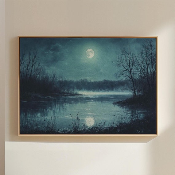 Ethereal Moonlit Lake Scene Tranquil Nocturnal Forest Art Reflective Water And Mystical Night Sky
