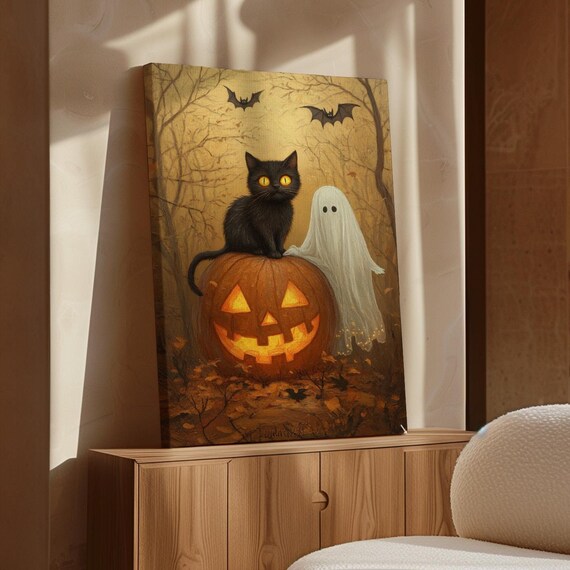 Halloween Black Cat Ghost Pumpkin Spooky Woods Vintage Wall Print