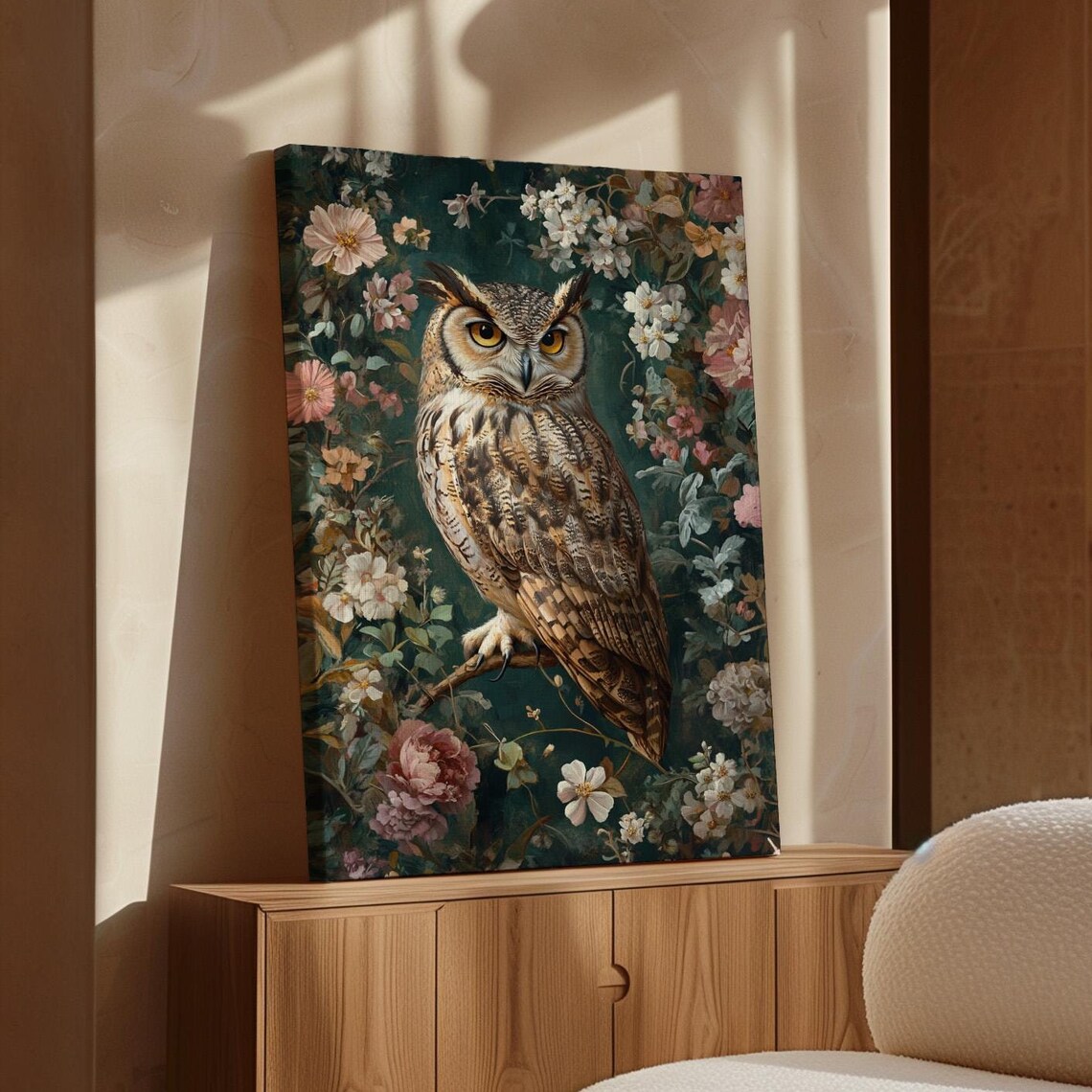 Great Horned Owl On Floral Branch Vintage Woodland Art Poster