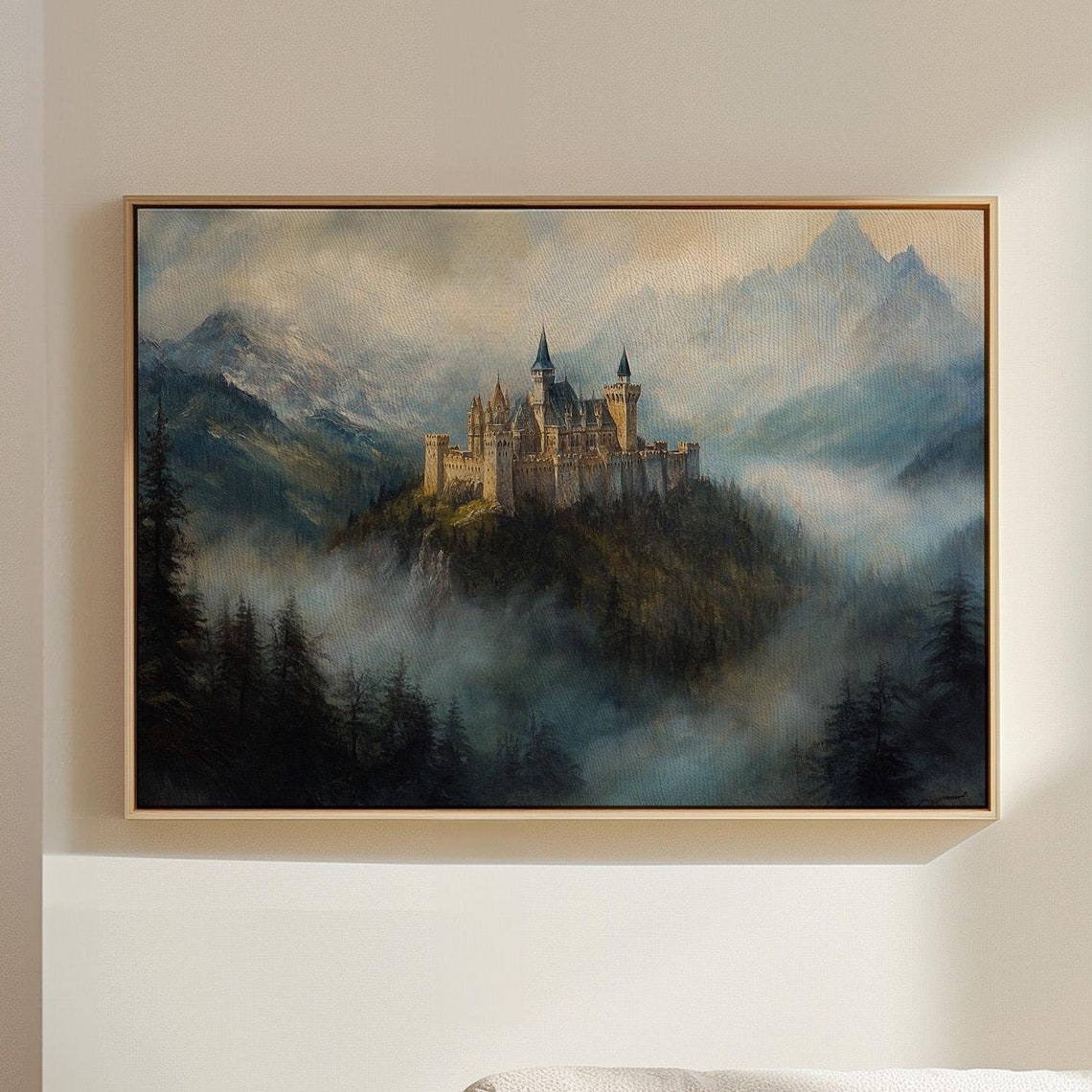 Fairytale Castle Above Foggy Mountains with Pine Forest Fantasy Poster