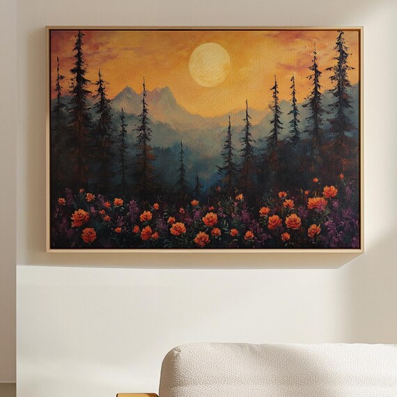 Golden Moon Over Mountain Forest Twilight Wildflower Nature Poster