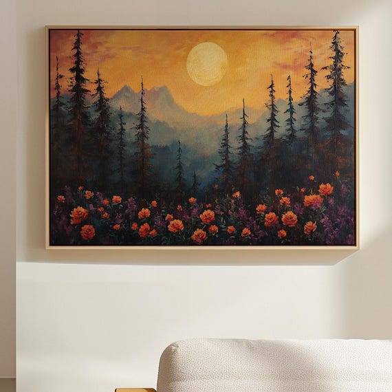Golden Moon Over Mountain Forest Vintage Oil Painting With Pine Trees Orange Wildflowers And Twilight Sky For Natureinspired Wall Art