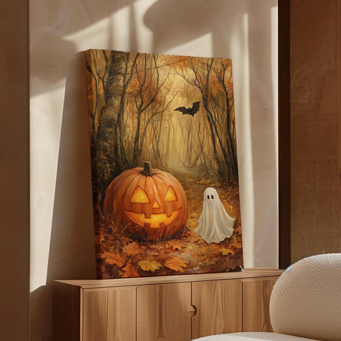 Glowing Jack O Lantern With Cute Ghost In Golden Autumn Woods Poster