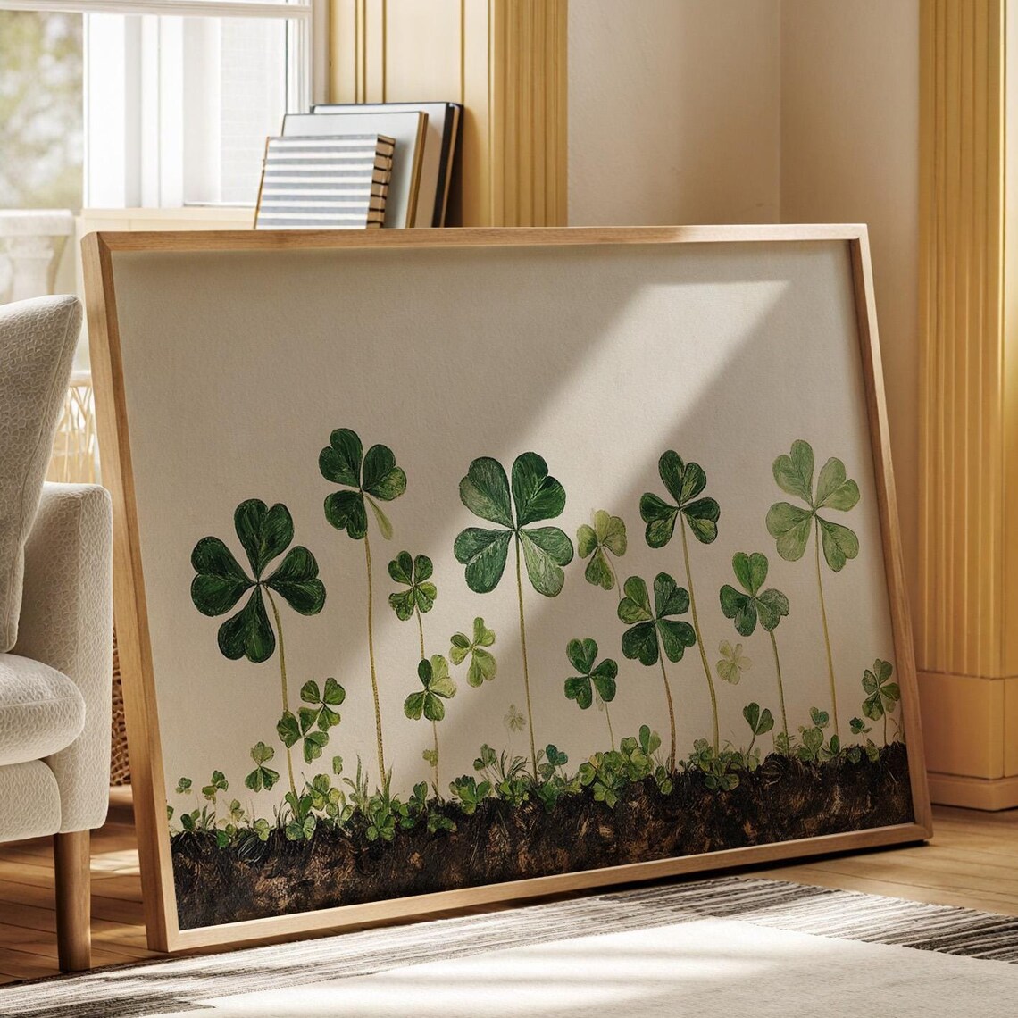 Green Clover Sprouts Rising From Dark Earth Botanical Spring Wall Art