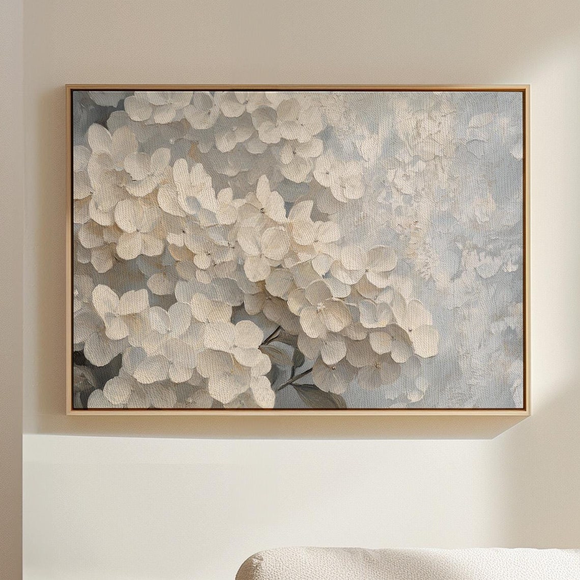 Elegant White Hydrangea Textured Floral Painting on Blue Poster