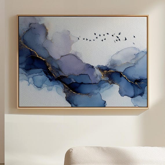 Blue And Gold Abstract Ink Painting, Bird Artwork
