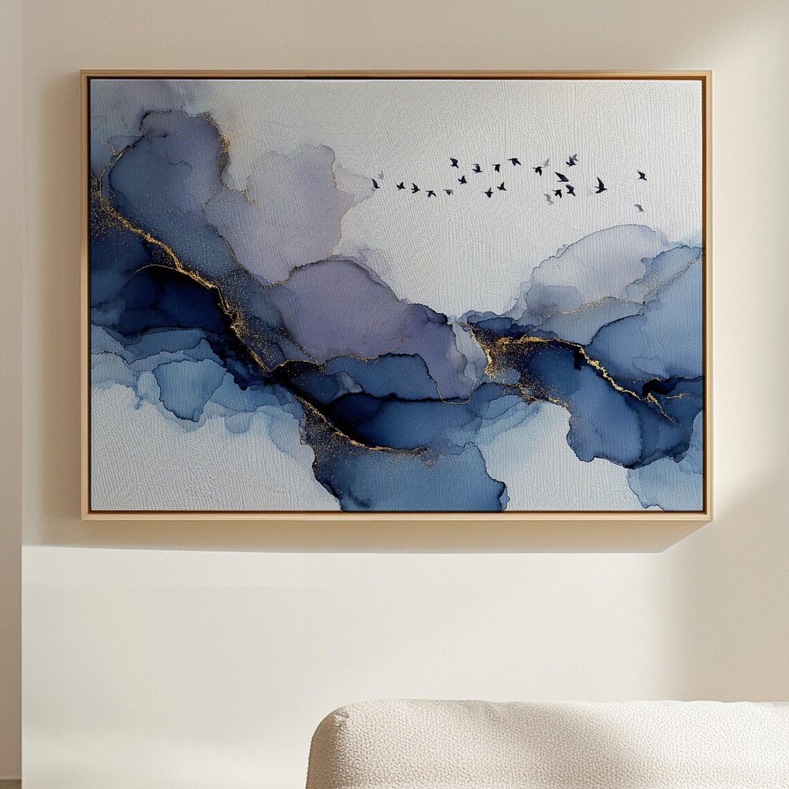 Blue And Gold Abstract Ink Painting, Bird Artwork