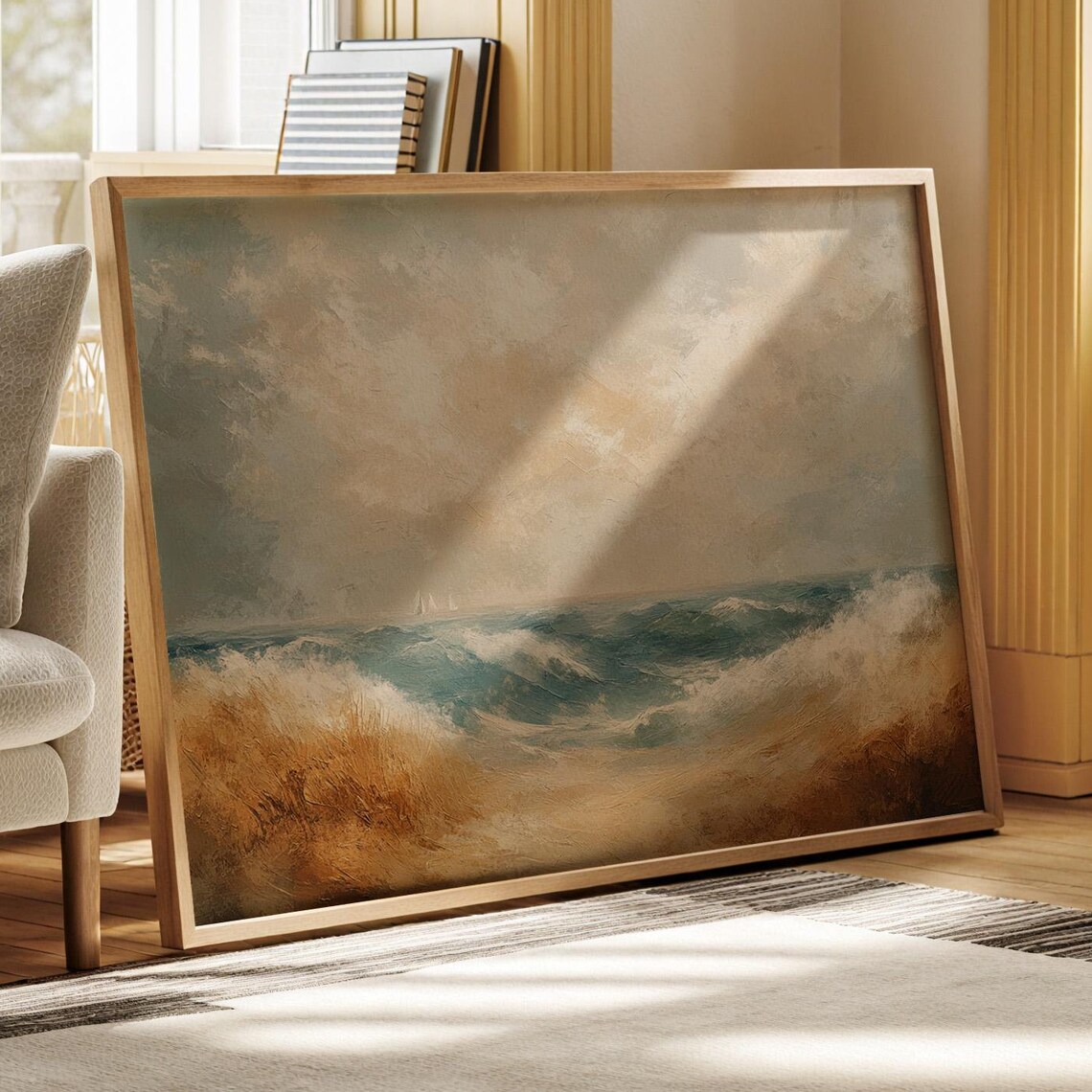 Abstract Turquoise Ocean Waves With Gold Sand Coastal Wall Art