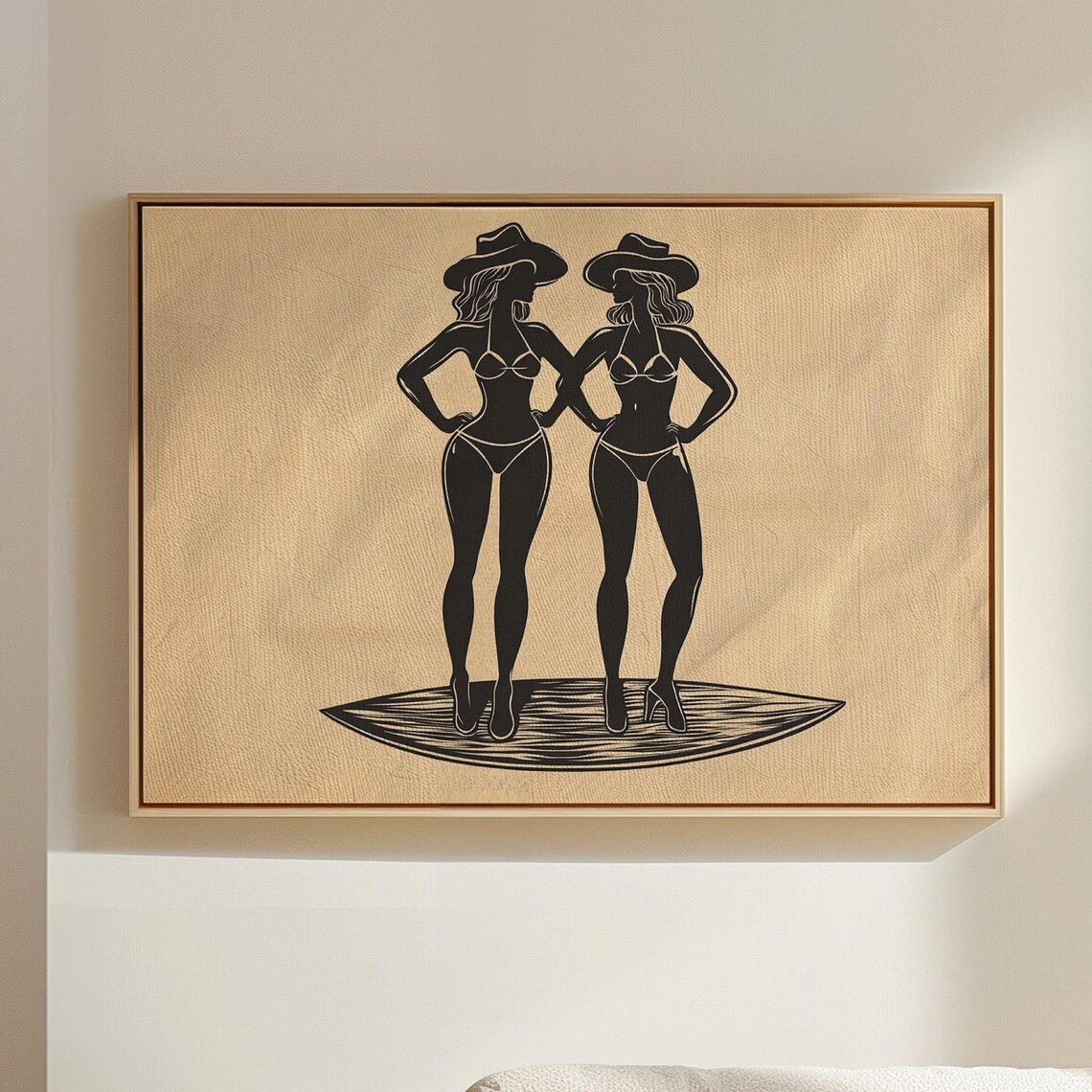 Cowgirl Bikini Silhouette Duo Western Beach Surfboard Wall Poster