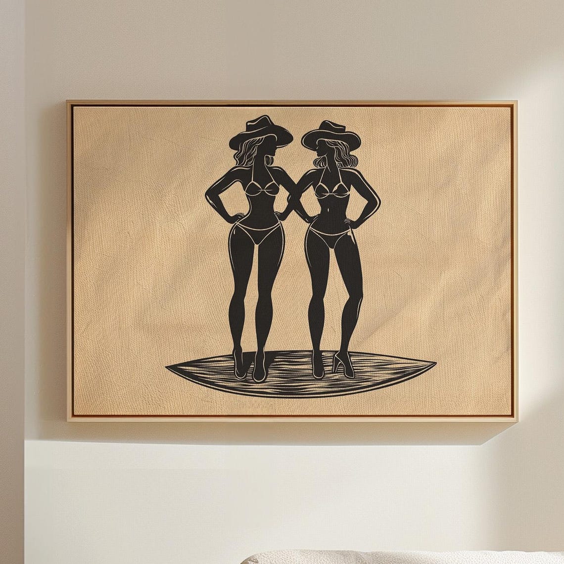 Cowgirl Silhouette Art Western Bikini Wall Decor Vintage Style Black And Beige Poster