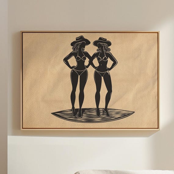 Cowgirl Silhouette Art Western Bikini Wall Decor Vintage Style Black And Beige Poster