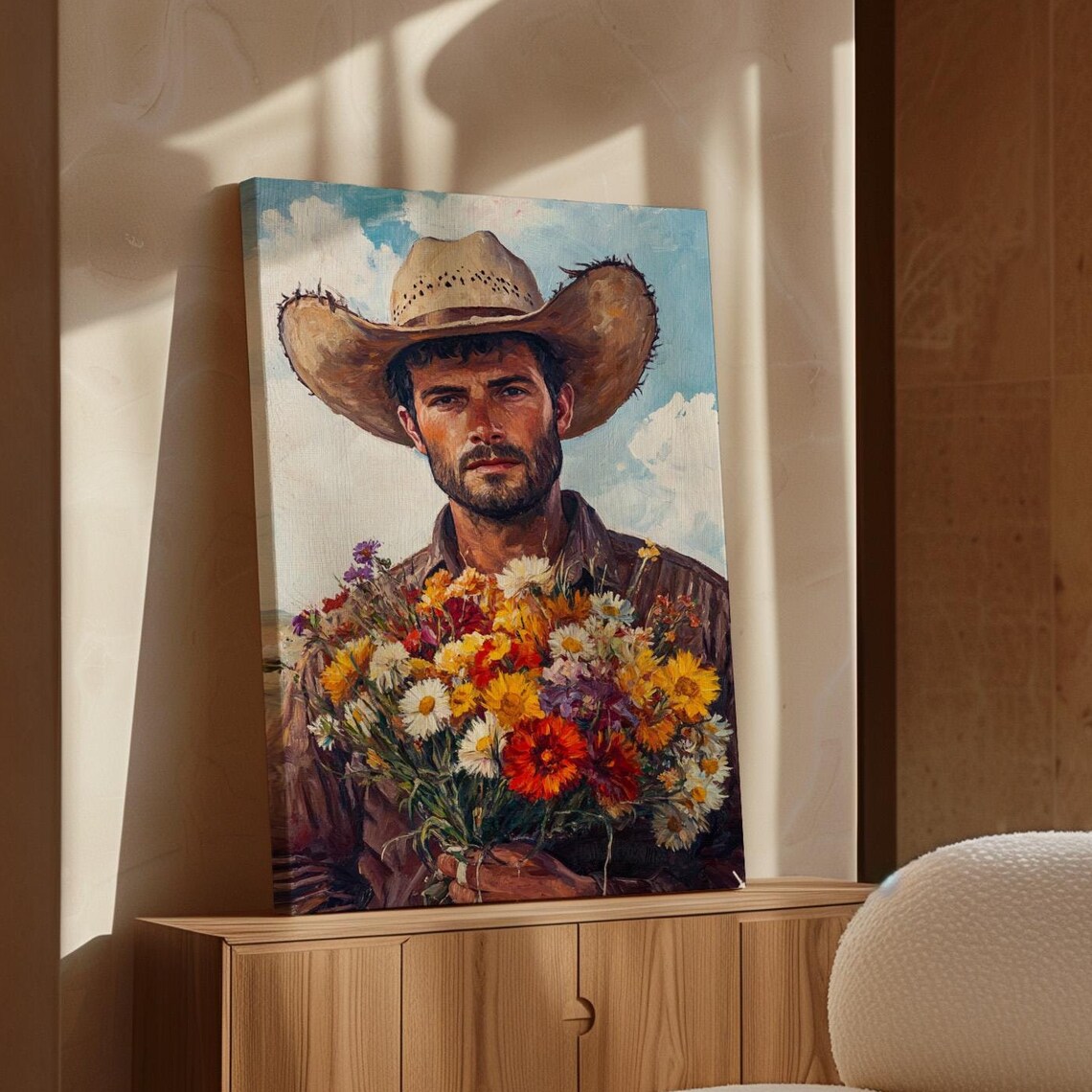 Rustic Cowboy With Wildflower Bouquet Blue Sky Country Poster