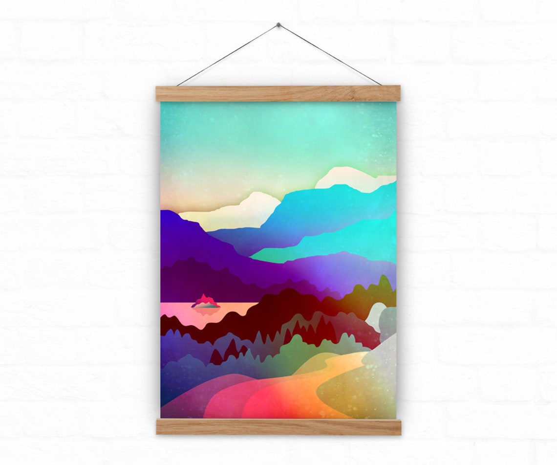 Colorful Abstract Layered Mountains Teal Sky Sunset Path Art Poster - Image 3