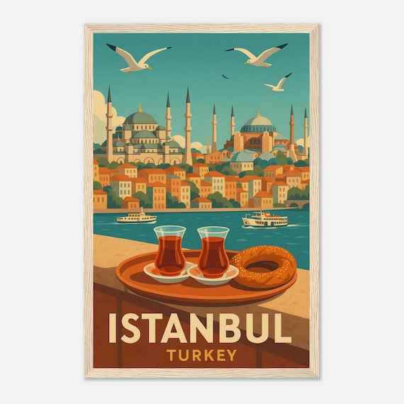 Istanbul Hagia Sophia Tea Simit Bosphorus Vintage Travel Poster