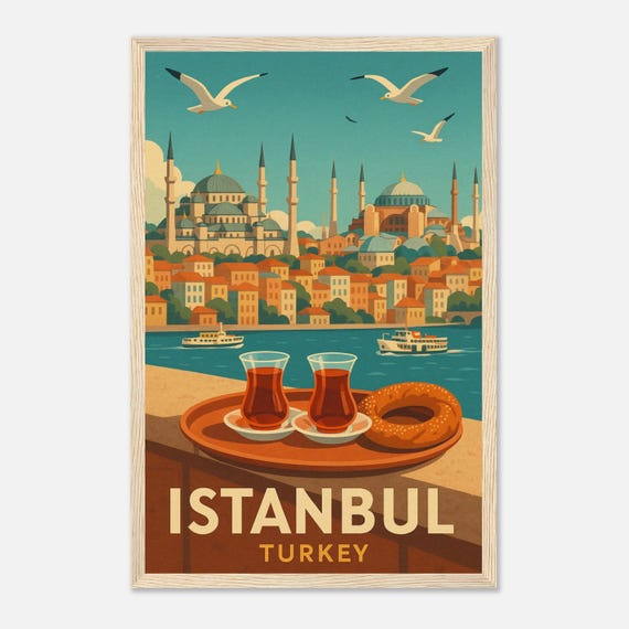 Istanbul Turkey Travel Poster Turkish Tea Simit Print Hagia Sophia Wall Art Bosphorus Vintage Decor