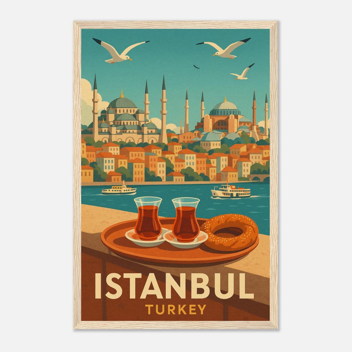 Istanbul Hagia Sophia Tea Simit Bosphorus Vintage Travel Poster