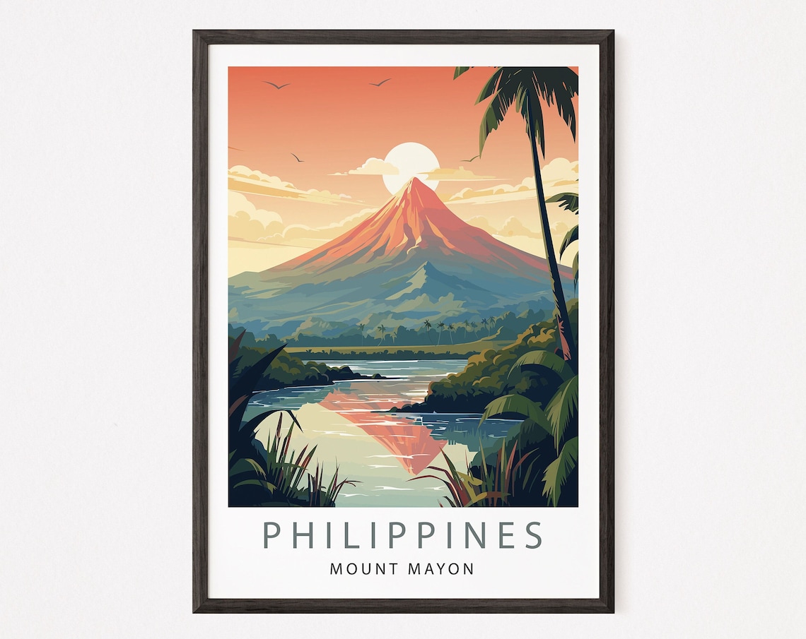 Philippines Travel Poster, Minimalist Mount Mayon