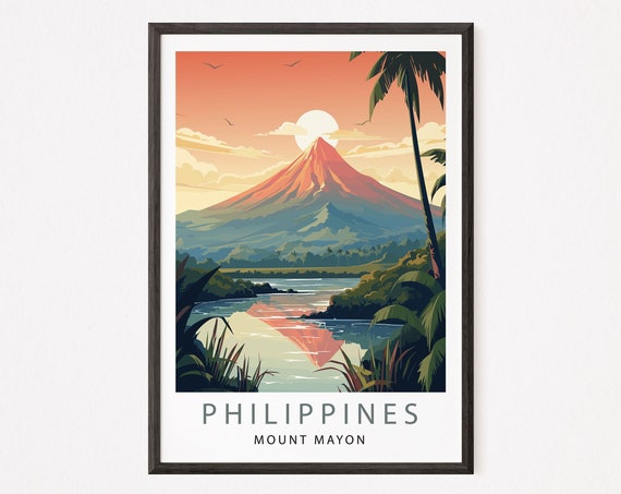 Philippines Travel Poster, Minimalist Mount Mayon