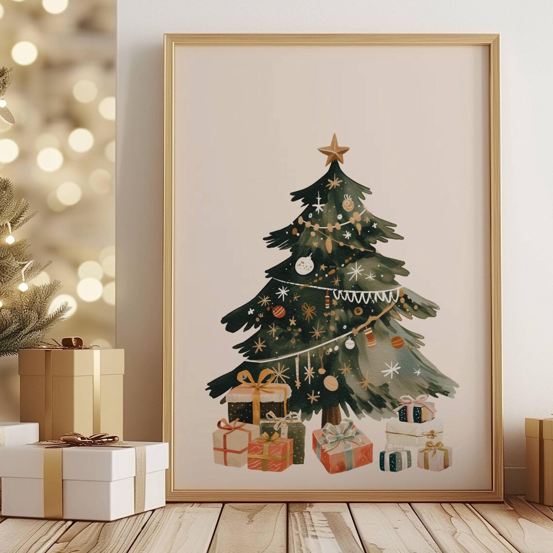 Cozy Watercolor Christmas Tree With Gifts Neutral Holiday Poster