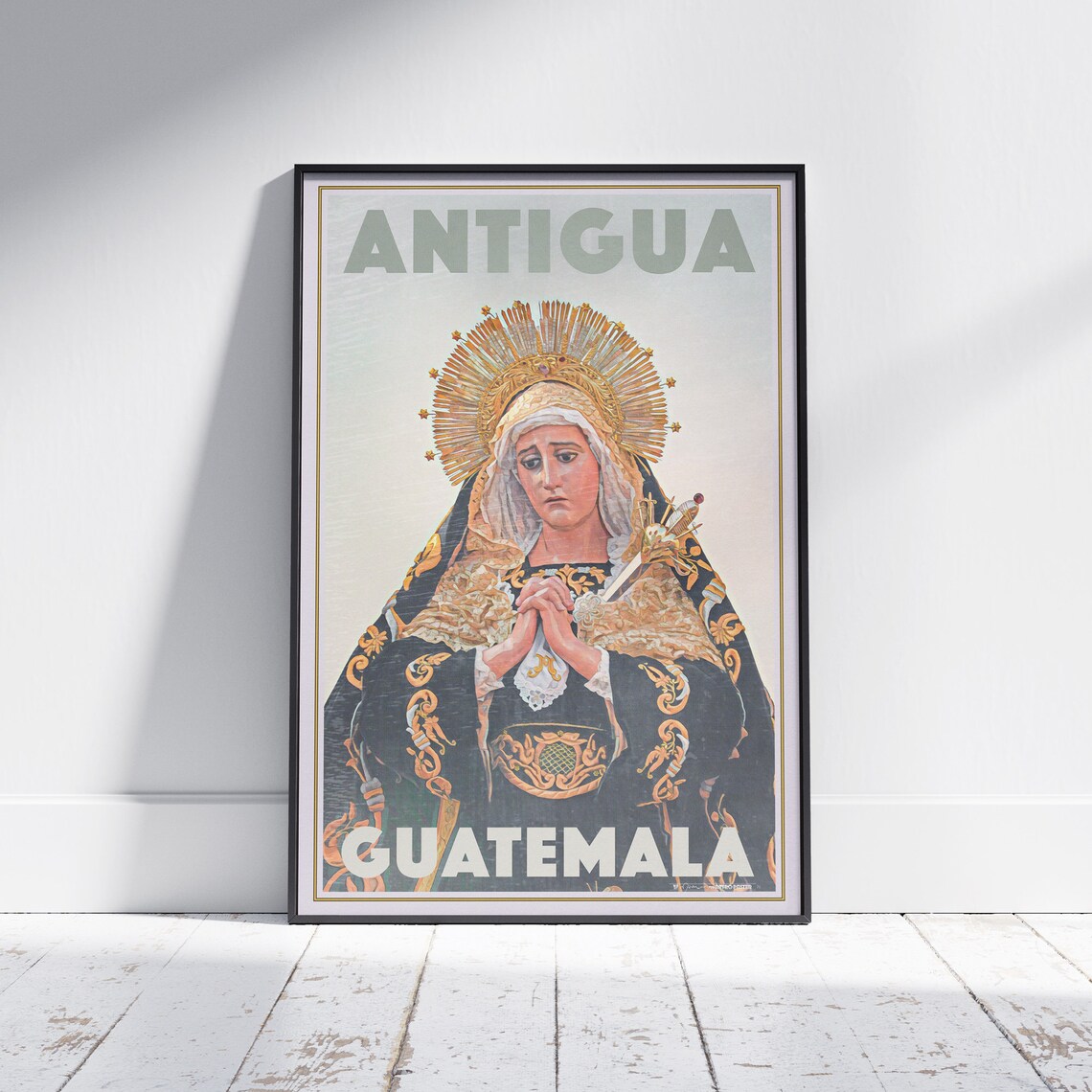 Antigua Guatemala Retro Travel Poster Virgin Mary Procession Art