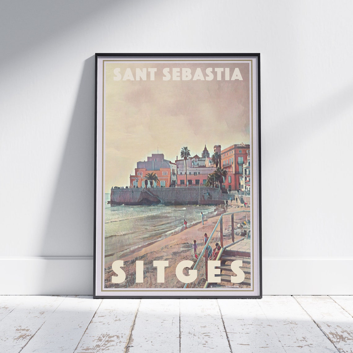 Sant Sebastia Beach Sitges Spain Seafront Scene Travel Poster
