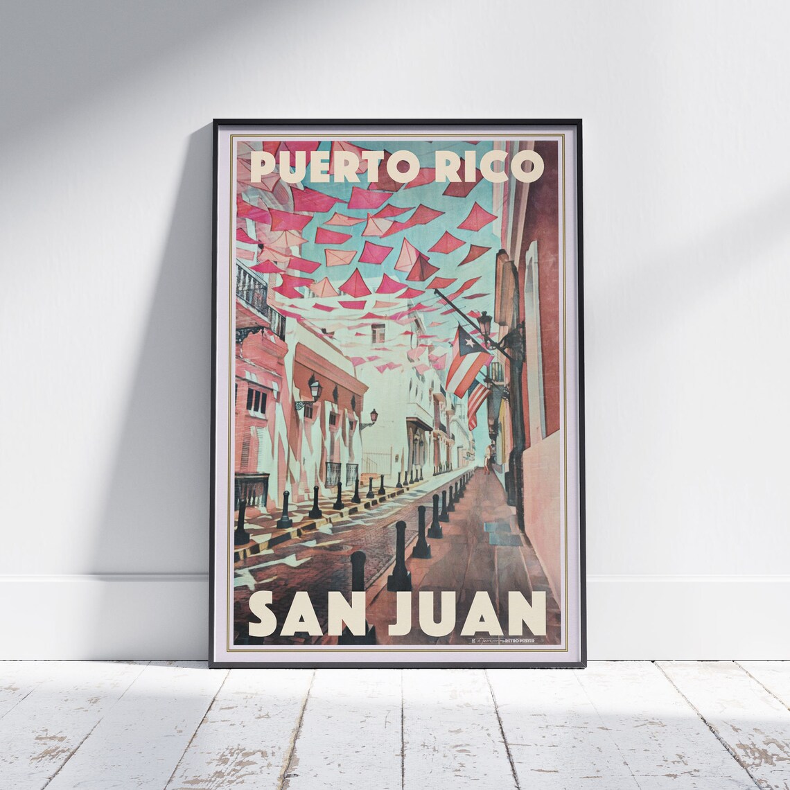 San Juan Puerto Rico Vintage Travel Poster Pink Umbrellas Street Art