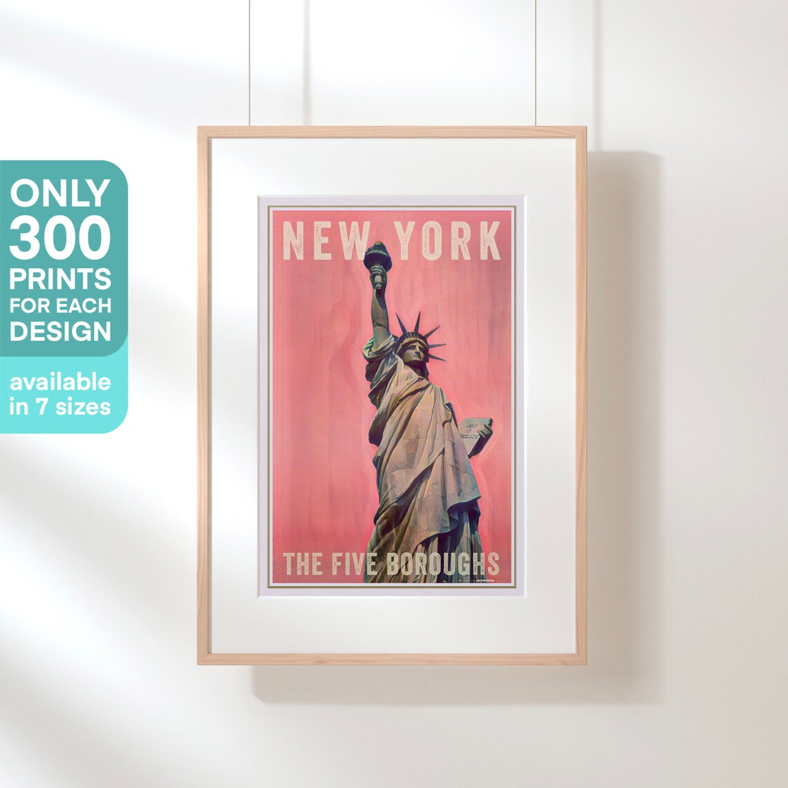 New York Statue of Liberty Five Boroughs Coral Retro Travel Poster - Image 3