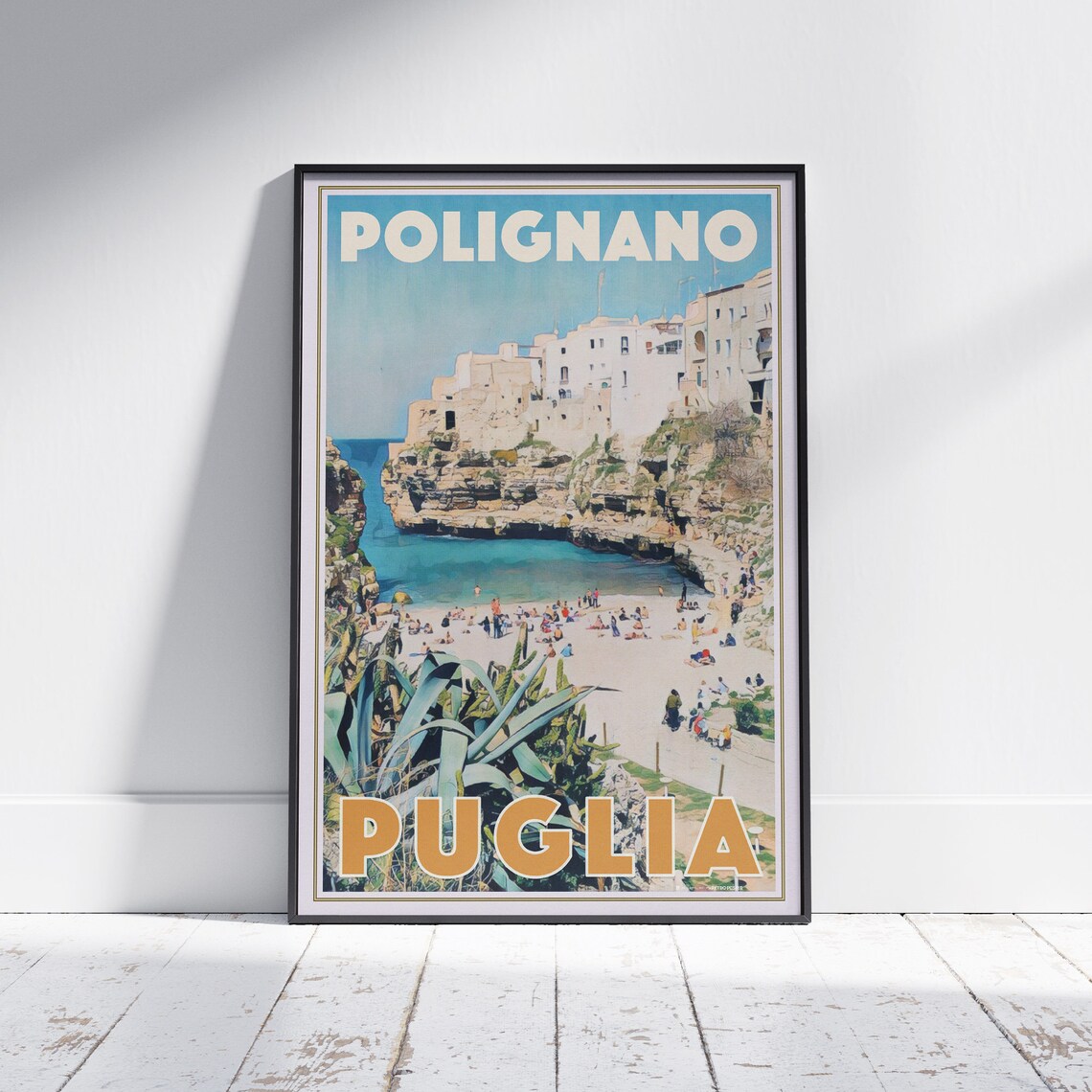 Polignano Puglia Italy Cliff Town Beach Cove Vintage Travel Poster