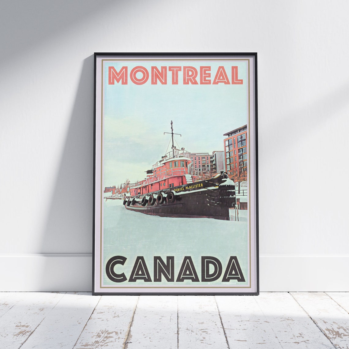 Montreal Canada Vintage Travel Poster With Red Tugboat Winter Harbor