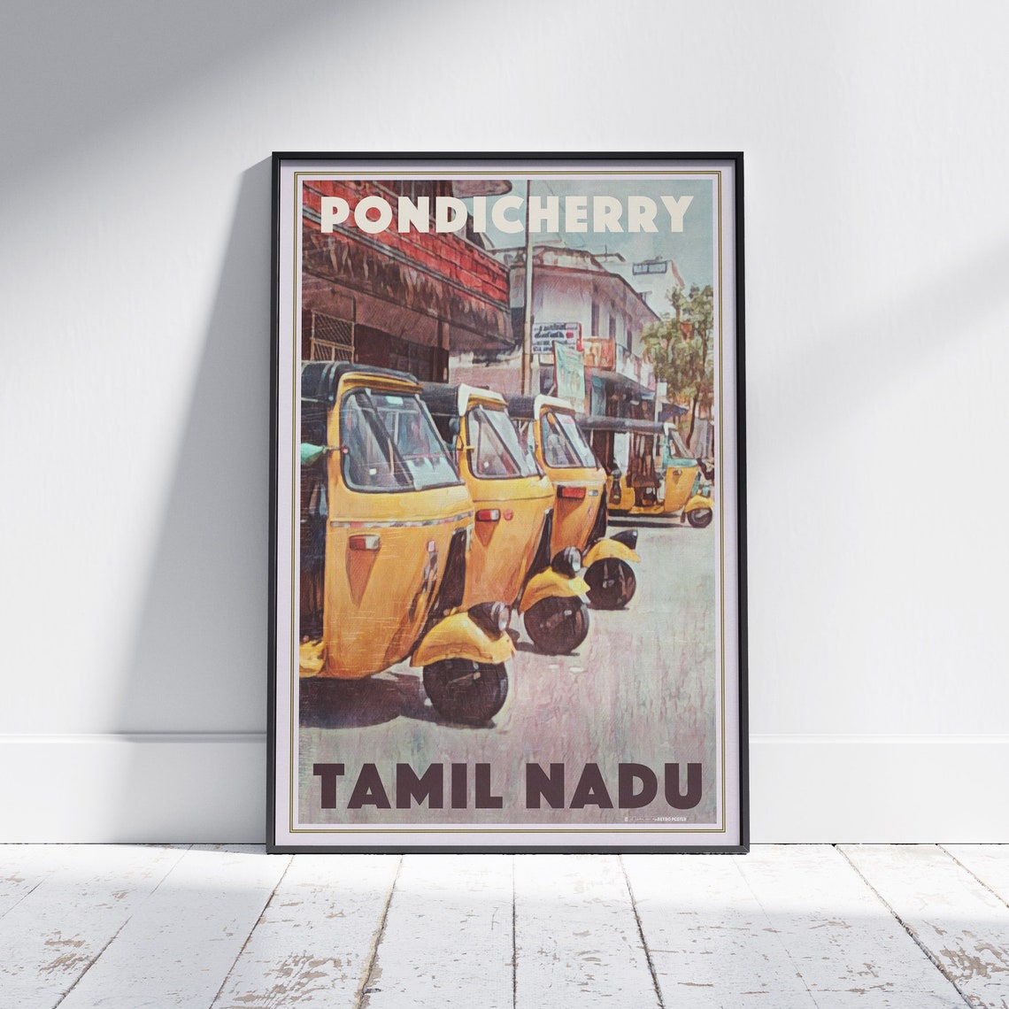 Pondicherry Tamil Nadu Yellow Auto Rickshaw India Travel Poster