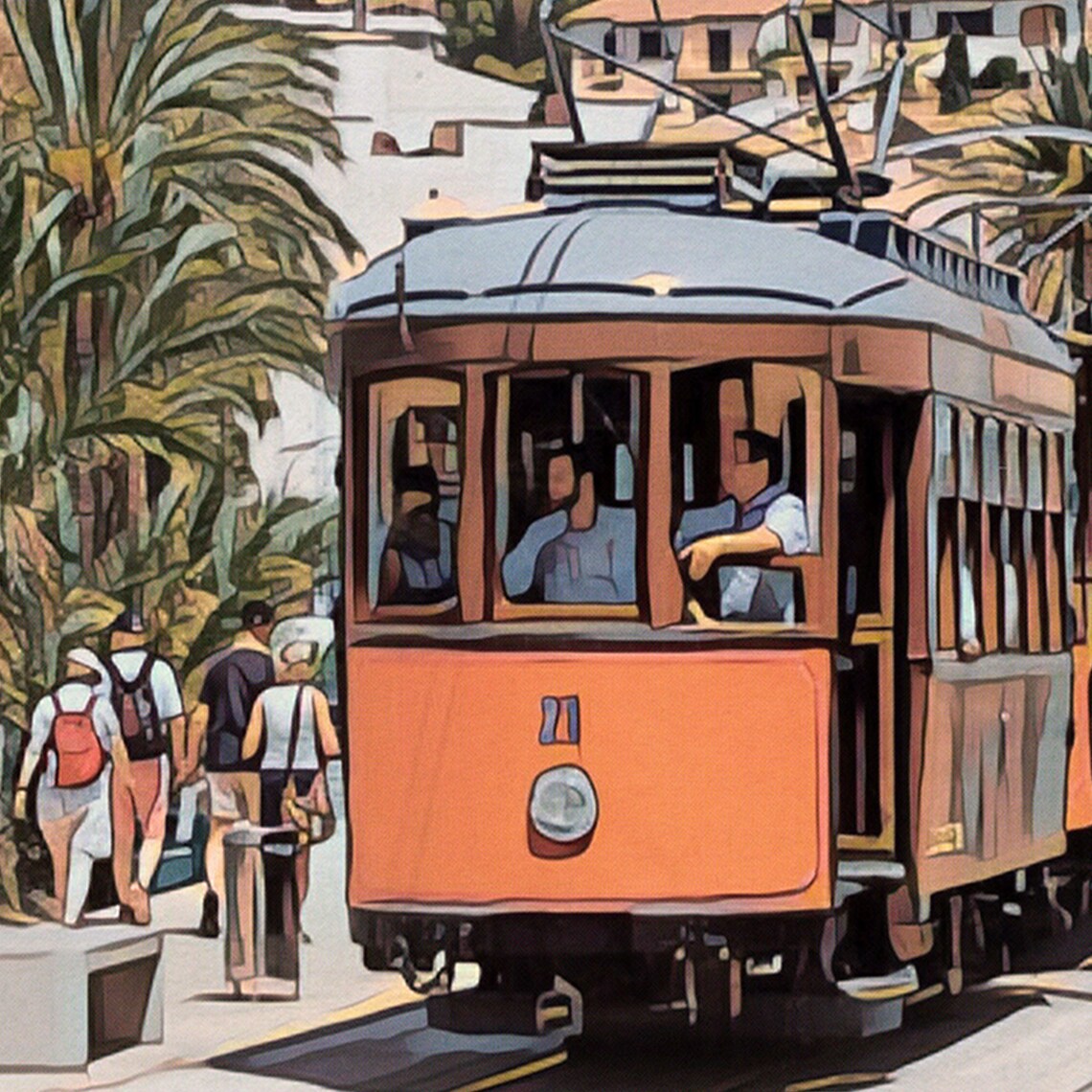 Mallorca Vintage Orange Tram Promenade Travel Poster Balearic Islands - Image 4