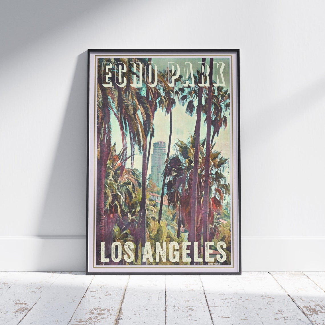Echo Park Los Angeles Vintage Travel Poster With Palm Trees Skyline