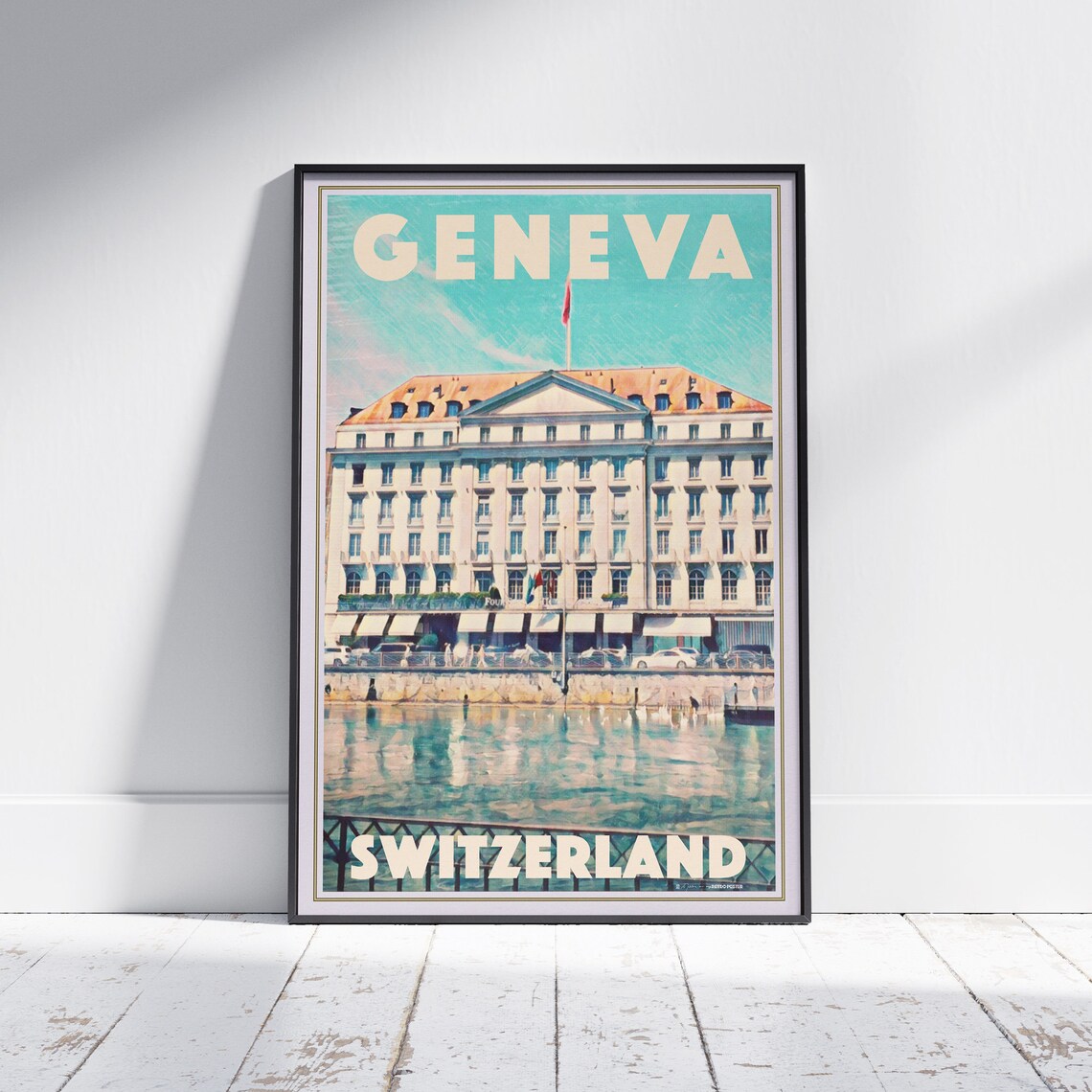 Geneva Switzerland Retro Lakeside Grand Hotel Vintage Travel Poster