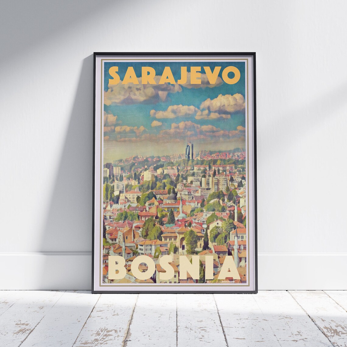 Sarajevo Bosnia Vintage Travel Poster With City Panorama Minarets