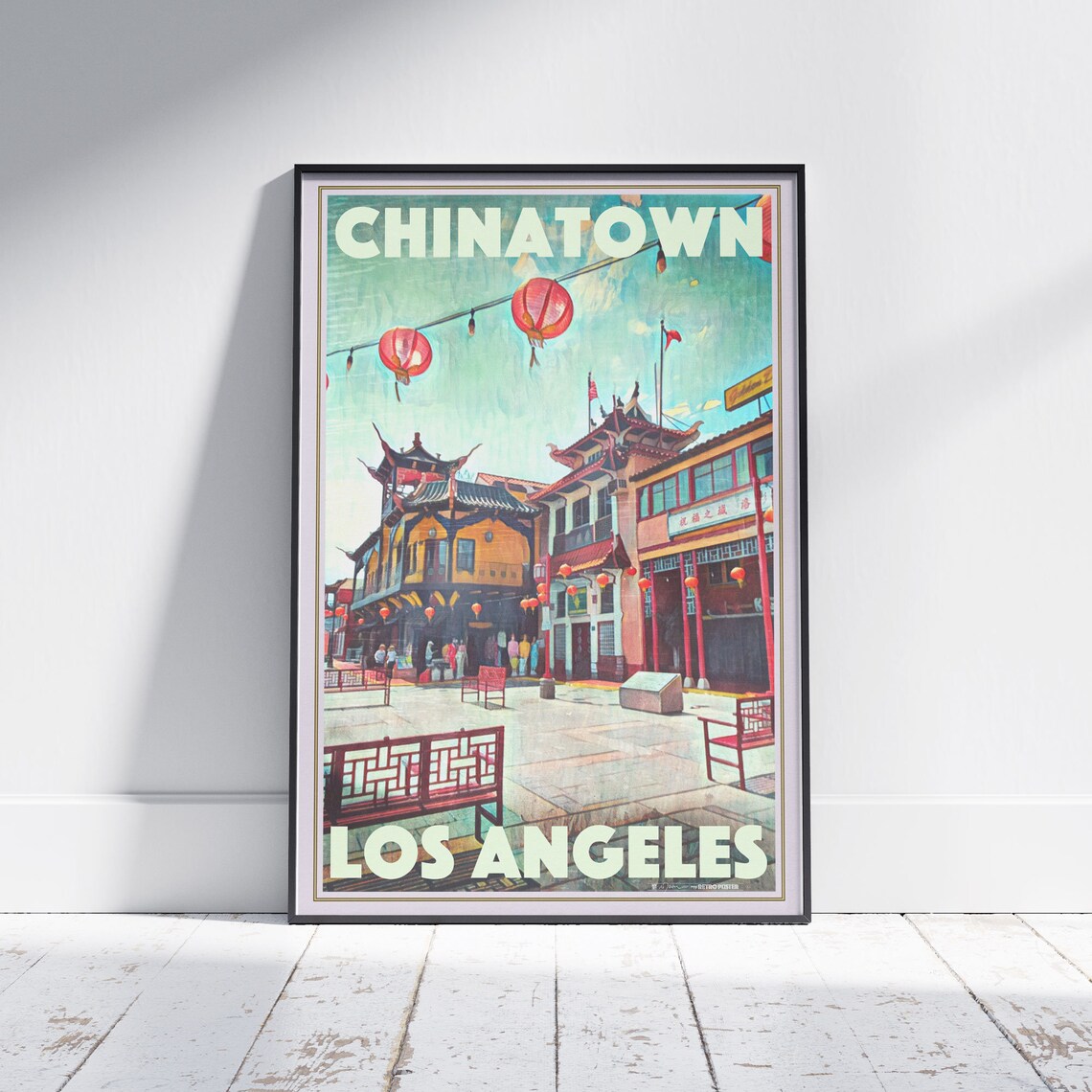 Los Angeles Chinatown Vintage Travel Poster Red Lanterns Street Art