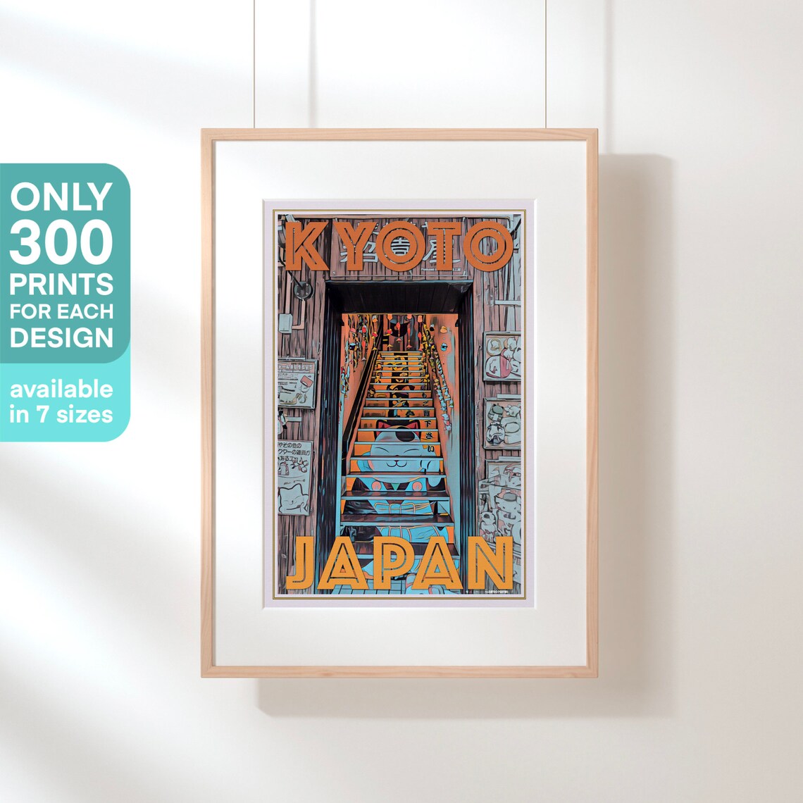 Kyoto Japan Retro Travel Poster Painted Lucky Cat Staircase Street Art - Image 3