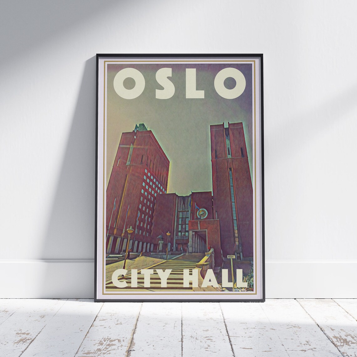 Oslo City Hall Red Brick Towers Norway Vintage Travel Poster