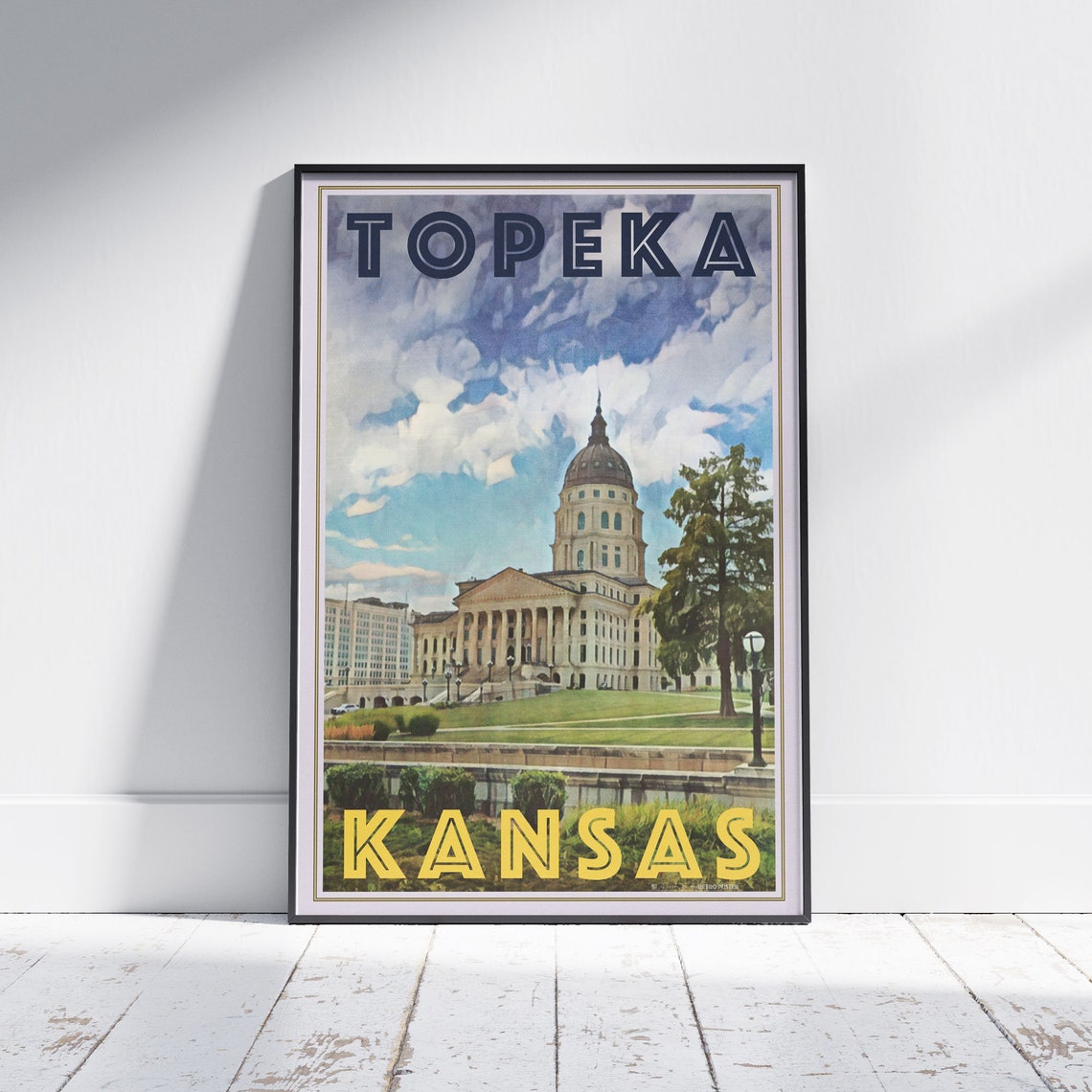 Topeka Kansas State Capitol Dome Blue Sky Vintage City Travel Poster