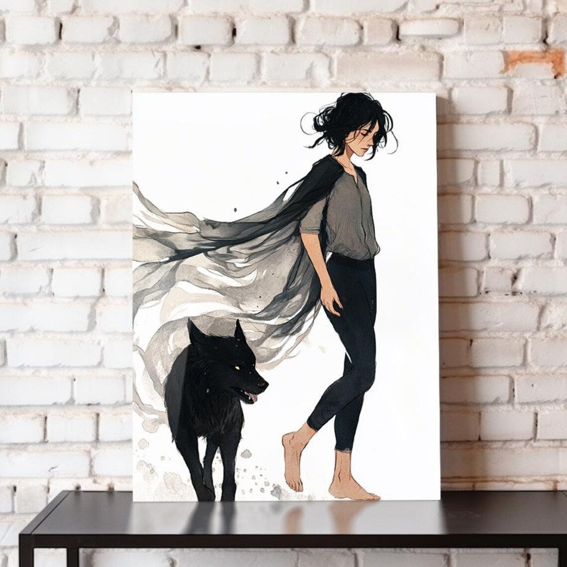 Girl Walking With Black Wolf Minimal Ink Sketch Fantasy Wall Art Poster