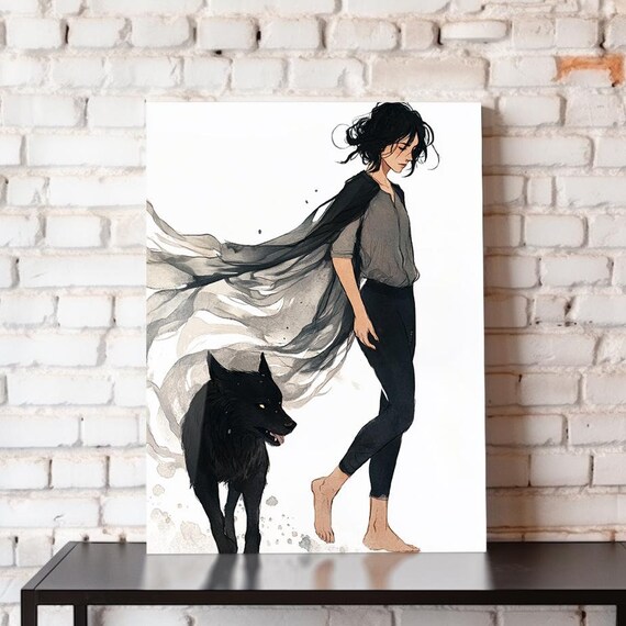 Girl Walking With Black Wolf Minimal Ink Sketch Fantasy Wall Art Poster