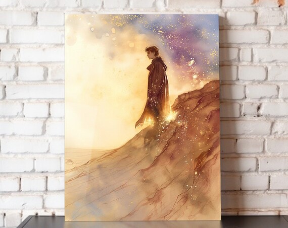 Golden Path Desert Wanderer Cloaked Figure Cosmic Dune Fantasy Art Poster
