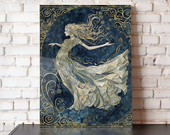Art Nouveau Golden Dancer Ethereal Elf Woman Vintage Fantasy Wall Art Poster