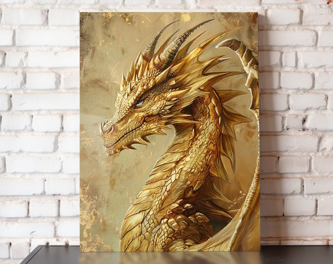 Golden Dragon Portrait Gilded Scales Regal Profile Fantasy Art Print